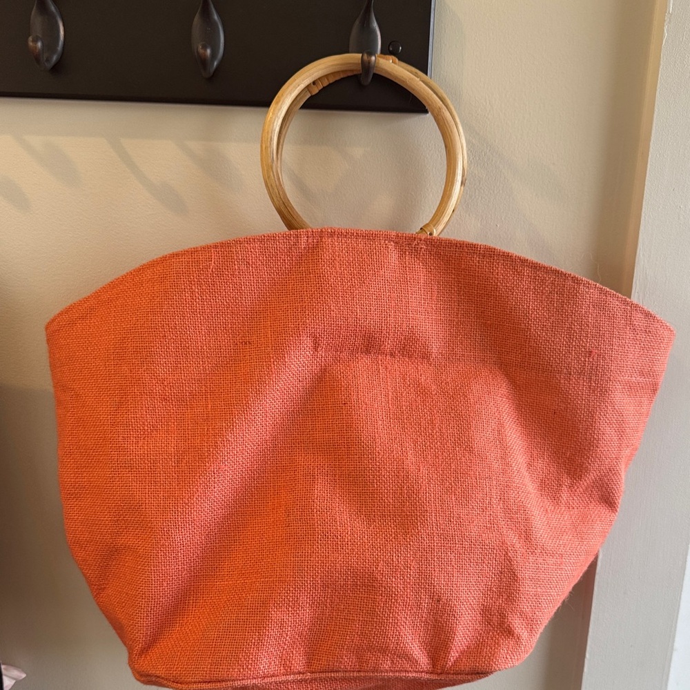 Mud Pie Orange Tote with Wooden Handles
